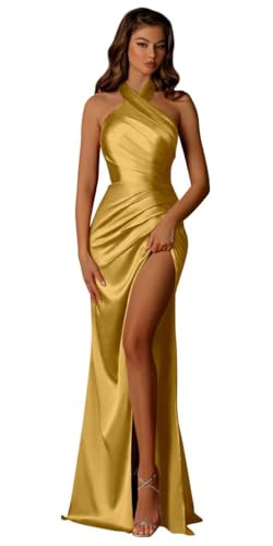 Image of OFEECHUN Halter Satin Bridesmaid Dresses for Women Mermaid Prom Dress Long Evening Formal Gowns