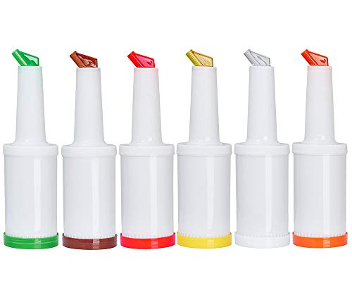 Tezzorio (Set of 6) Store N Pour 1 Qt. Bottles with Spouts and Caps (Red, White, Yellow, Green, Orange, Brown) 32 oz Flow-N-Stow Bar Fruit Juice Liquor Storage Containers, Bartender Kit