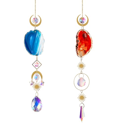 Sonnenfänger Kristall Windspiel, 2 Stück Anhänger Kristalle Ornament, Regenbogen Sonnen Mond Kristallkugeln, Prisma Suncatcher für Kronleuchter Anhänger, Fenster, Garten, Hochzeit Dekor