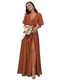 YMSHA Women's V Neck Satin Bridesmaid Dresses with Slit A Line Pleated Burnt Orange Formal Dress...