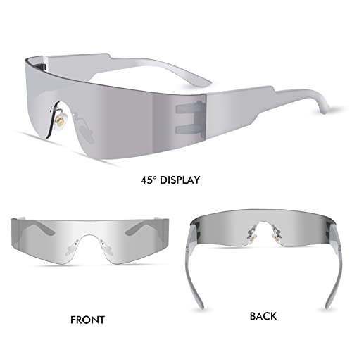 Futuristic Wrap Around Fashion Sunglasses Y2K Silver Trendy Rimless Glasses Cyberpunk Eyewear Women Men Rave Party3
