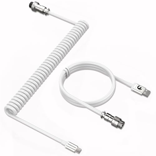 Laroal Cable de teclado en espiral tipo C a USB A Cable de teclado mecánico en espiral de TPU de 1,8 m con conector de aviador desmontable para teclado de juegos blanco