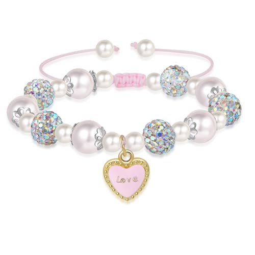 Artlunar Pink Pearl Butterfly Bracelet for Girls, Adjustable Sliding Knot (5.2”-9”) Stainless Steel & Pearl Charm – Kids Birthday Gift Jewelry for Daughter, Granddaughter, Niece
