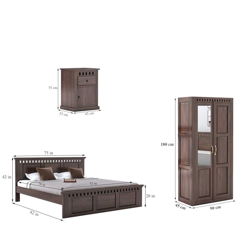Image of SONA ART & CRAFTS Kuber Solid Sheesham Wood Bedroom Set | King Size Bed Without Storage Double Bed, Wardrobe & Two Bedside Tables - Walnut Finish(78x72)((Assembly Included)