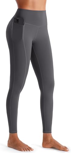 JOYSPELS Women's Gym Leggings with Pockets - High Waisted Tummy Control Full Length Yoga Pants for Workout, Running, Daily Leisure Grey L