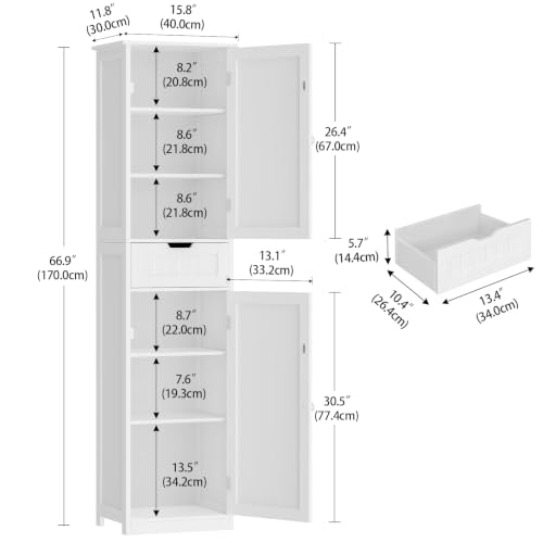 Miniatura 3 de Teenfon Mueble De Baño Estrecho Alto Con Cajón, Armario Baño Delgado 1 Cajón 2 Puertas Gran Capacidad Almacenaje, 40 X 30 X 170 Cm, Blanco