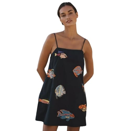 Women's Black Spaghetti Strap Short Dress with Colorful Fish Embroidery Casual Summer Sleeveless Mini Dresses