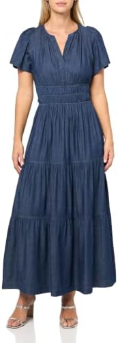 Tommy Hilfiger Women's Short Sleeve Ruched Waist Denim Tiered Midi Dress, Dark W