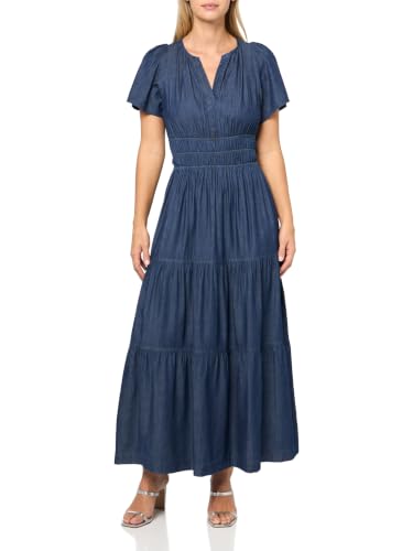 Image of Tommy Hilfiger Women's Short Sleeved Ruched Waist Denim Tiered Midi Dress