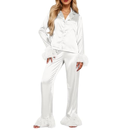 Women Satin Silk Pajama Sets 2 Piece Feather Trim Button Down Long Sleeve Tops and Pants Christmas Pjs Sleepwear Lounge Set White