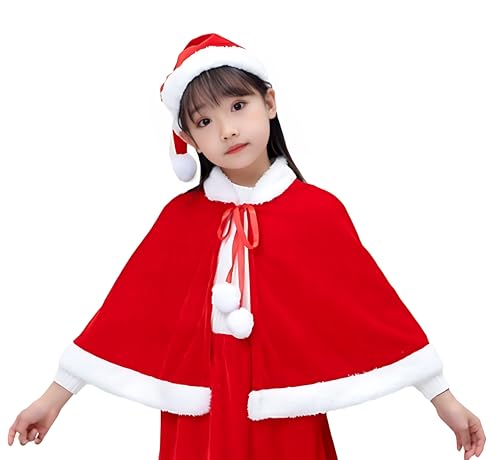 ITODA Red Christmas Shawl Hooded Cape Children Soft Santa Claus Cape Cosplay Costume Short Xmas Cloak Velvet Santa Shawl Xmas Outfit Winter Outwear for Girls - Image 2