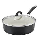 Rachael Ray Cucina Ceramic Nonstick Saute Pan with Lid, 3 Quart Non Stick Sauteuse Pan, Dishwasher Safe - Peppercorn
