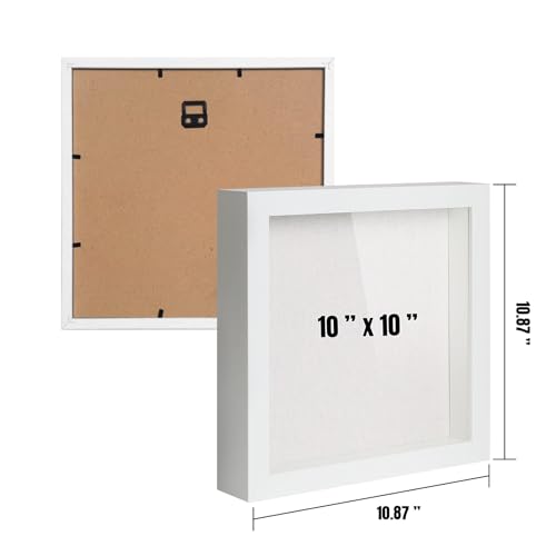 QDSSDECO 10\"x10\" Shadow Boxes Display Cases with Soft Linen Back Deep Wood Glass 3D Shadow Box Set for Wall and Tabletop Baby Sports, 2 Pack White - Thumbnail 6