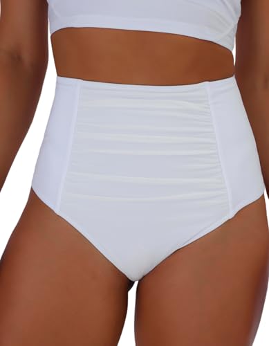 Women's High Waisted Bikini Bottom Ruched Tummy Control Swimsuits Full Coverage Swim Bottoms4