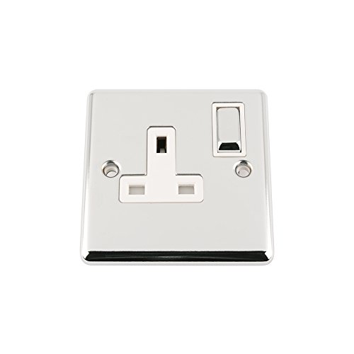 A5 Single Socket 1 Gang Polished Chrome - Classic - White Insert Metal Rocker Switch - 13 Amp