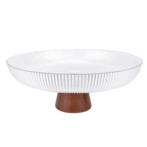 Zerodis Frutero con Patas, Elegante Cuenco Decorativo de Vidrio con Base de Madera de Roble, Ideal para Frutas y Llaves de 10,4x3,9 Pulgadas