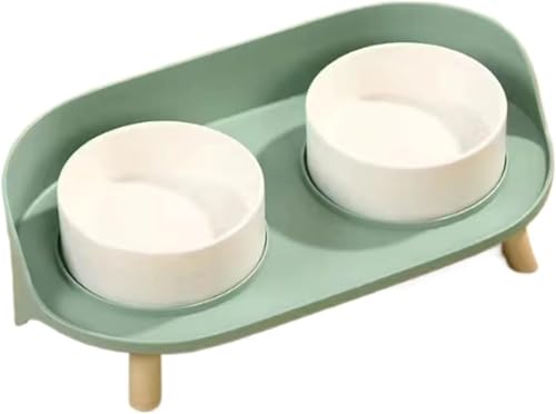 Zetifyペットボウル 食器台 犬用 猫用 脚付 水飲みボウル フードボウル 陶器製 かわいい フードボウル スタンドセット ペット用品 セラミック 給水器 ペットボウルスタンド 猫 中小型犬 エサ入れ2口食器付 ダブル食器 (グリーン)