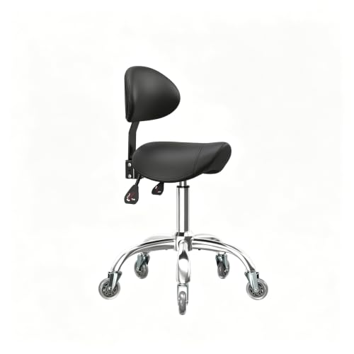 Image of Saddle Stool with Back Support, 350LBS Ergonomic Rolling Chair, Black | 350 LBS Load, Height Adjustable, 360 Swivel Casters, Ergonomic Backrest, Multi-Use for Salon, Tattoo, Spa, Dentist