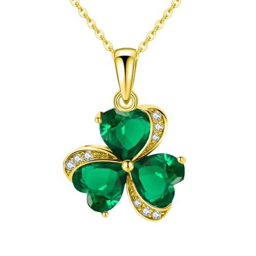 VONSSY Elegant Clover Pendant Necklace | Emerald Green Gemstone Irish Shamrock Pendant | Platinum Gold Plated Chain | Meaningful Jewelry Gift for Women Mother Girlfriend