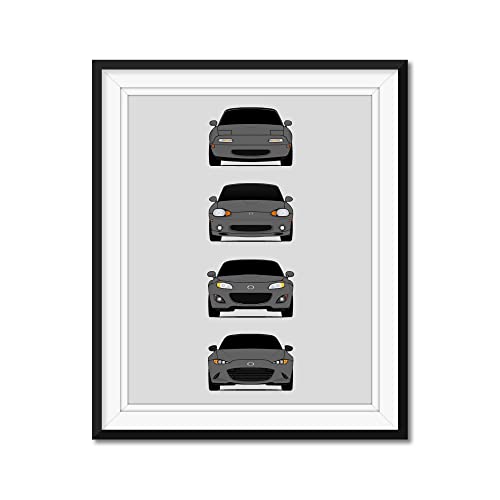 Custom Car Posters Handmade Poster compatible with Mazda Miata MX-5 Generations and Print of NA Miata, NB Miata, NC Miata, ND Miata - Grey, 8x10" Satin Print (Unframed) for Car Enthusiast