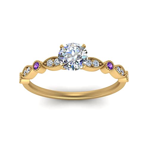 Image of Choose Your Gemstone Vintage Scalloped Diamond CZ Ring Yellow Gold Plated Round Shape Milgrain Engagement Rings Matching Jewelry Wedding Jewelry Easy to Wear Gifts US Size 4 to 12