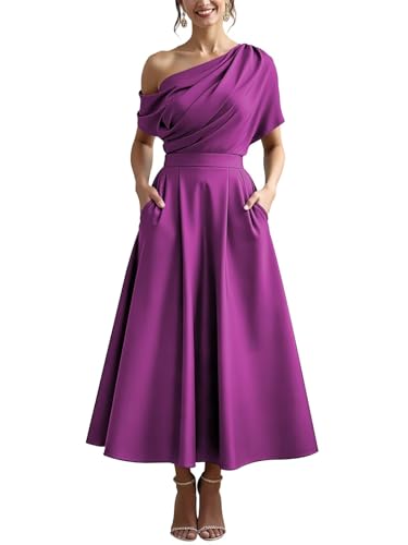 Satin Wedding Guest Dresses for Women Tea Length One Shoulder
