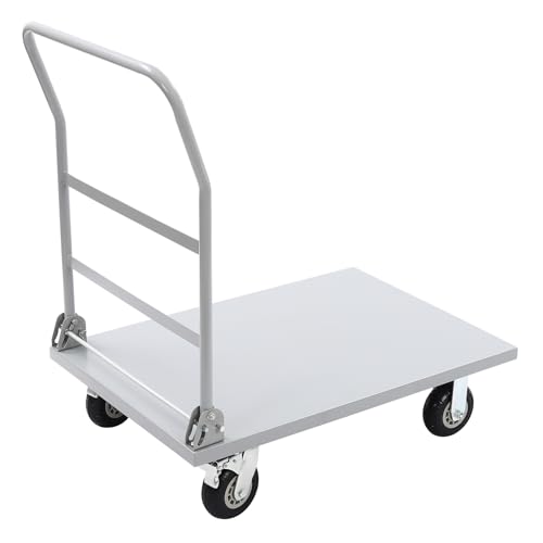 Industrial Flat Dolly Cart, Heavy Duty Platform Truck with 2000 lbs Load Capacity, 4 Silent Rubber Casters with Brakes, Foldable Handle, Easy Assembly, Flexible Movement for Warehouse, and Home Use