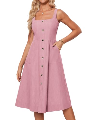 Image of GRACE KARIN Women's Summer Dress 2025 Casual Square Neck Flattering A-Line Button Down Midi Tank Sundress with Pockets