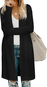 Fisoew Damen Strickjacke Open Front Langarm Cardigan Leicht Strickmantel Lang Pullover mit Taschen, Schwarz, XXL