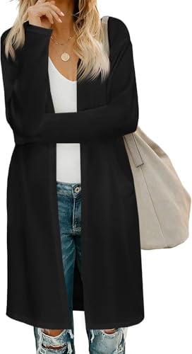 Fisoew Damen Strickjacke Open Front Langarm Cardigan Leicht Strickmantel Lang Pullover mit Taschen,Schwarz,XXL