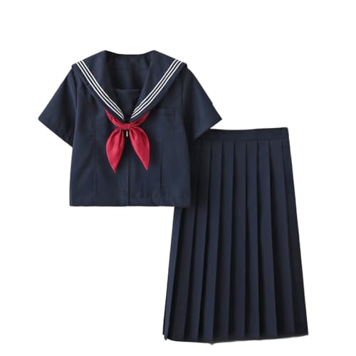 Lopuck Japanese Anime School Women Sailor Dress Shirts JK Uniform Cosplay Maid Outfit Halloween Costumes (Short Sleeve+mid skirt+goldfish knot, M)