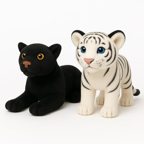 Image of Black Panther & White Tiger Plush Toys Combo | Soft Stuffed Animal Set for Kids | Cute Jungle Animal Plushies for Boys & Girls | Gifting & Home Decor