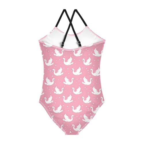 senya Girls Swimsuits One-Piece Swimwear Tie Bathing Suit Beach Summer Round Neck 5-6T Pink Swans and Hearts Pattern2