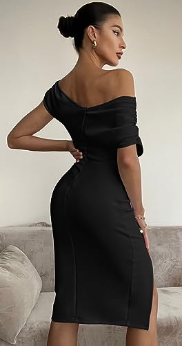 Memoriesea Women's Elegant Off Shoulder Split Hem Bodycon Ruched Midi Club Party Dress3