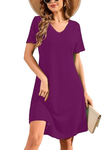 Image of DEARCASE Summer Dresses for Women V-Neck Short Sleeve T Shirt Dress Casual Flowy Swing Beach Vacation Mini Sundress
