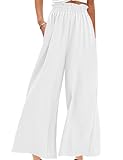 Pasgreson Womens Elastic High Waist Wide Leg Pants Palazzo Lounge Pants Casual Loose Flowy Pants with Pockets White XL
