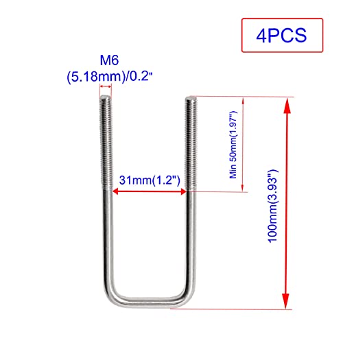 Image of U Bolt, 4 Sets 1.25 (31mm) Inner Width 304 Stainless Steel M6 Square U-Bolt with Plate Screw Nut Fastener, Suitable for Silver M6 x W-1.25inch x L-4inch