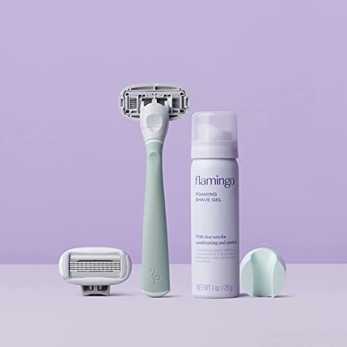 Cekaso Flamingo Razor Women Shave Set With 1 Razor Handle, 2 Five-Blade Cartridges, 1 Foaming Shave Gel (1Oz), Shower Holder (Sage) #TOP7