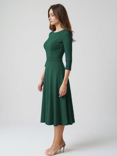 Women's Formal Cocktail Wedding Guest Dress for Women 3/4 Sleeve Fit and Flare Flowy Pleated Ruched Midi Semi Work Dresses4