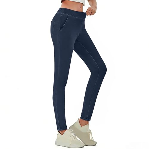 Legging Femme Coton - Legging Femme Effet Jean Taille Haute, Pantalon Yoga Stretch Moulant Long, Jegging Décontracté avec Détails de Poches, Sport Travail...