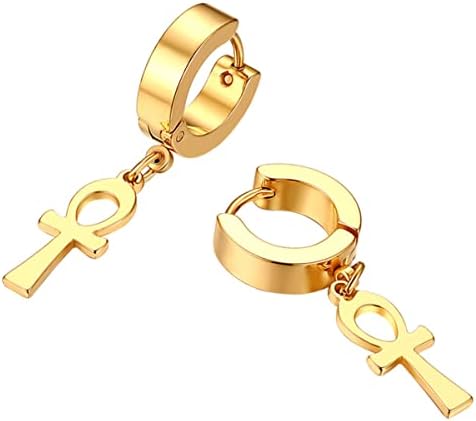 Rofusn Ankh Cross Earrings for Men Women, Stainless Steel Egyptian Symbol Ankh Cross Stud Earrings, Dangle Hinged Piercing Hoop Earrings