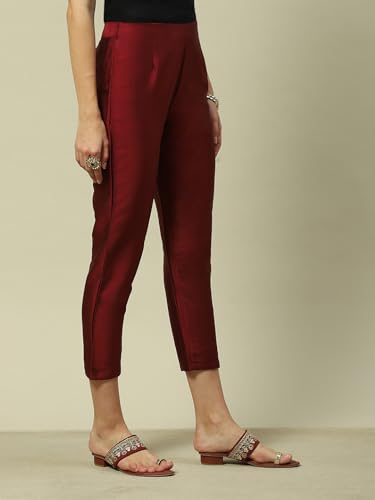 Image of Maroon Polyester Slim Solid Pants