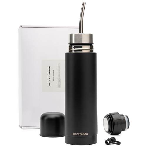 Ecottento – Termo mate autocebante 100% acero inoxidable 500ml – mate listo + tapón cebador – kit mate argentino y tereré paraguayo – Automate con tapón silicona bombilla y stickers. (Negro)