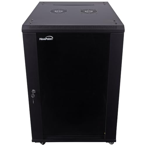 Image of NavePoint 18U Server Cabinet Wall Mount Rack Enclosure with Caster Wheels, 2 Fans, Locking Glass Door, Removable Side Panels - 18U Network Cabinet 23.6 inch Deep, 19 inch Server Rack for IT Equipment