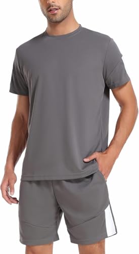 Litherday Conjunto Deportivo Hombre Verano – Chándal Corto Hombre Poliéster Transpirable con Bolsillos para Fútbol y Jogging, Gris, XL