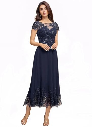 Tea Length Mother of The Bride Dresses for Wedding Beach Short Sleeves Lace Chiffon Formal Dress for Women 20253