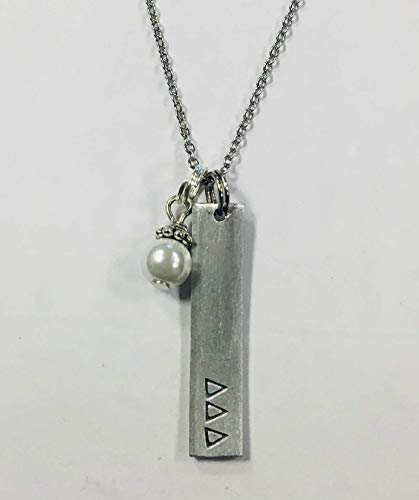 Delta Delta Delta Bar Pendant with Pearl Dangle, Sorority Greek Necklaces, comes on an 18 inch stainless steel link necklace with lobster claw