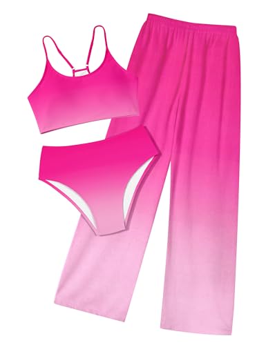 Image of NECIOUS Girls Swimsuit, 3 Piece Bikini Bathing Suit Tropical Floral Swimwear with Cover Up Pants 7-16Y