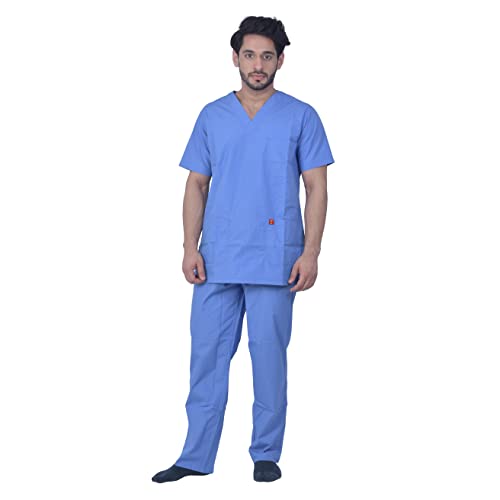 Image of Unisex V-Neck Polyester Cotton Medical Scrub Suit for Doctors, Top and Bottom with 6 Pockets, Triple Needle Stitch Top, Size 34 - XS, Ceil Blue. BLUE.