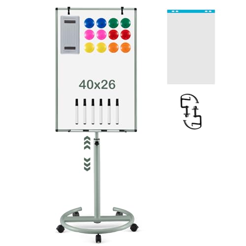 GOPLUS Tableau Blanc Effacable sur Pied 65x100 CM, Tableau Blanc Magnetique avec Support, Hauteur Réglable 132-192 cm, 5 Roues Roulant, Effaceur, Crochet,...